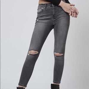 Topshop High Waisted Gray Distressed Jamie Jeans